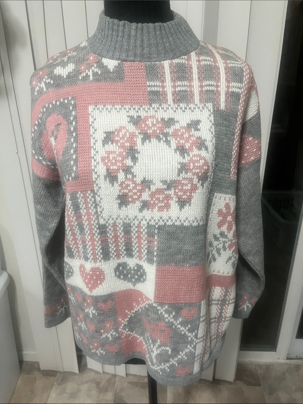 Basic Editions Gray & Dusty Rose Patchwork Turtleneck Sweater